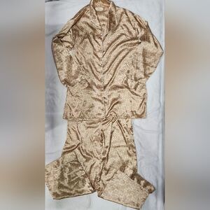 Minx 2pc. Blouse & Pants Slinky Polyester Pajama Set Tan Pattern Women's  L/LX